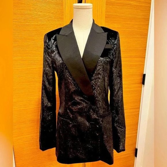Rachel Zoe Velvet Shimmer Double Breasted Blazer Black NWT Size 2 - Picture 1 of 12